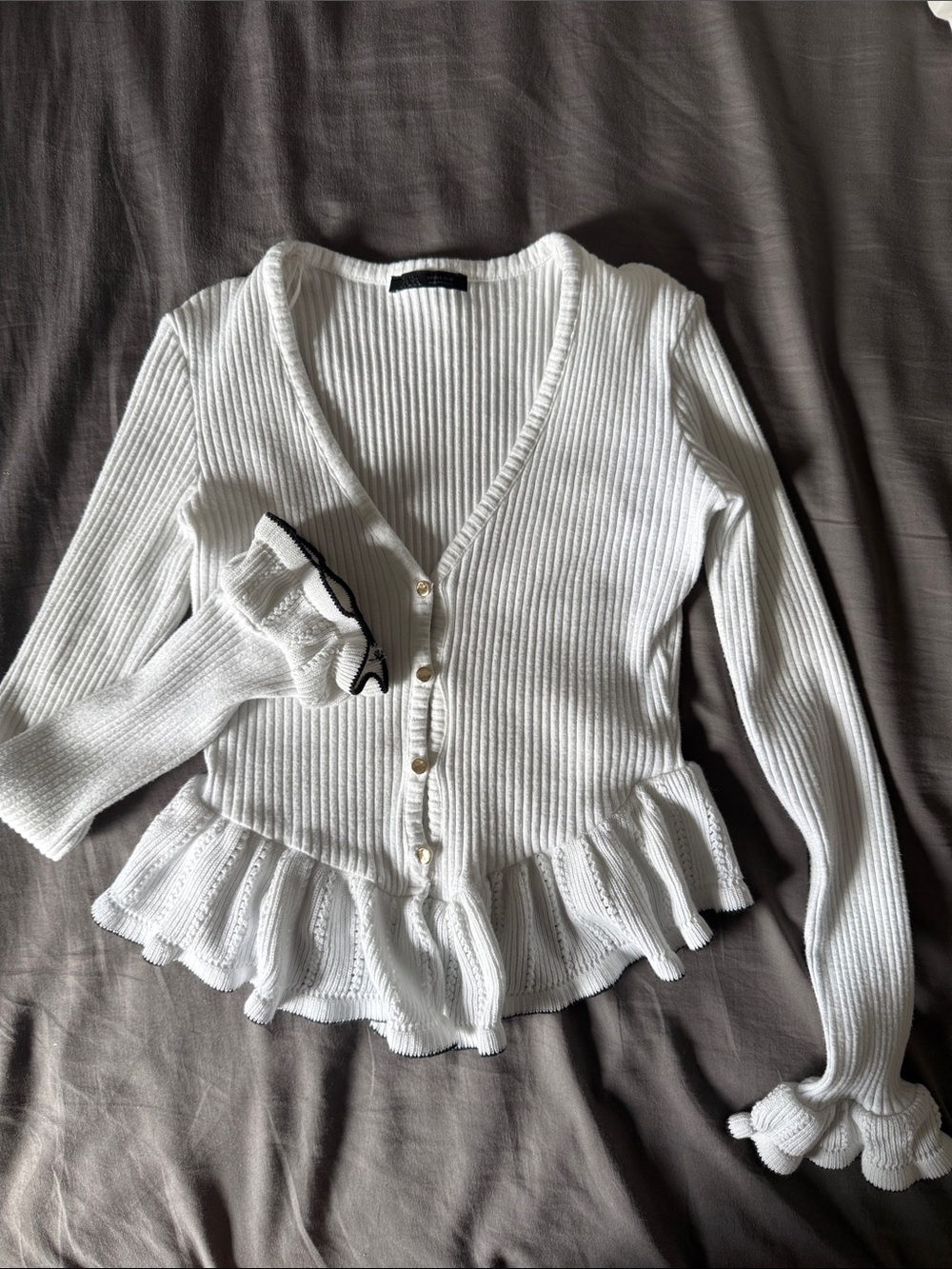Zara Cream Ribbed Crewneck Top